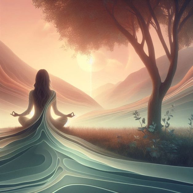 Woman meditating in nature, symbolizing inner peace and gentle healing.