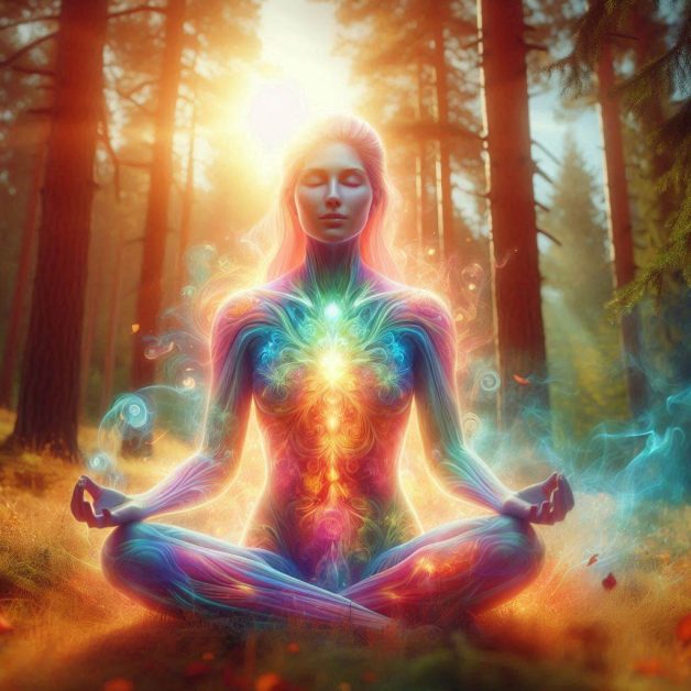 A person meditating in a peaceful forest clearing, surrounded by a glowing aura